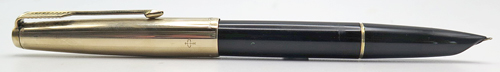 ITEM #6824R: PARKER 51 FOUNTIAN PEN IN BLACK. SQUEEZE FILLER. GOLD FILLED TRIM. NIB IS MEDIUM IN 14K. MADE IN ENGLAND. MKIII MODEL MEANING THE BACK END OF BARREL IS POINTED (NOT CURVED).